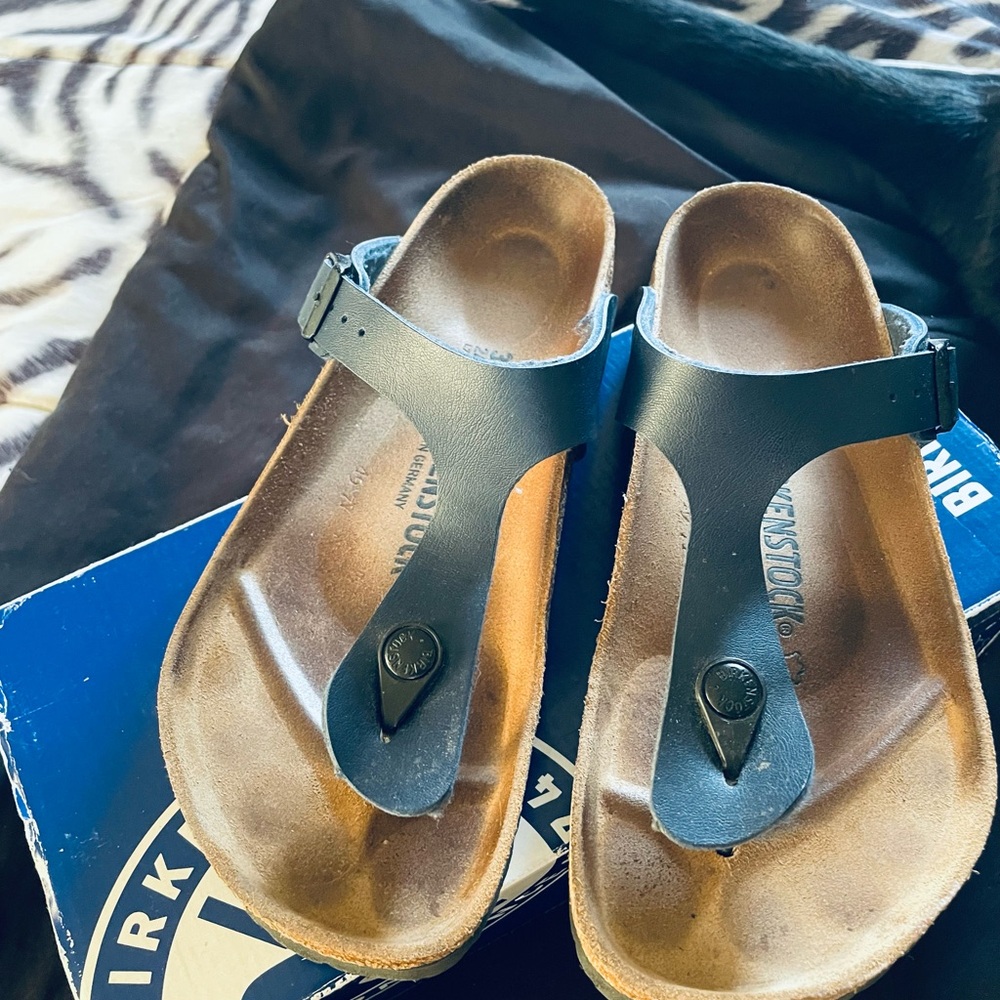 Birkenstock Black Leather Thong Sandals with Tan Footbed
